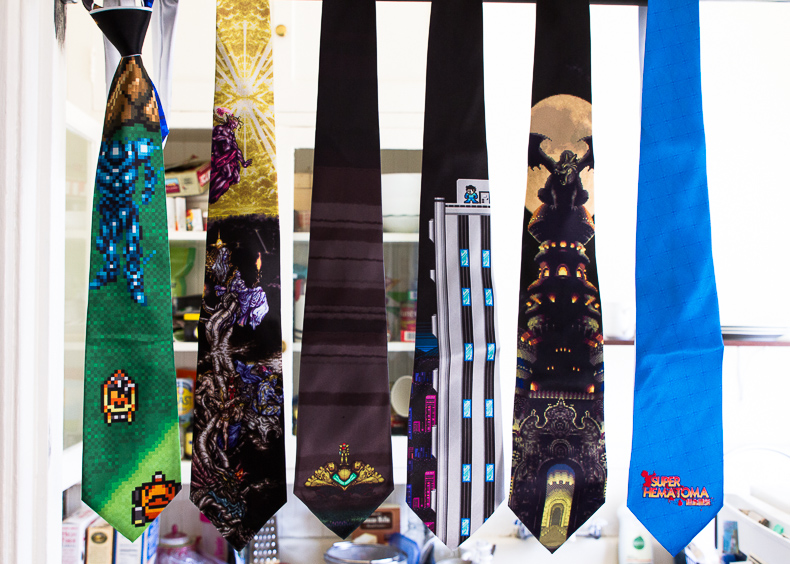 I made myself some nerdy ties including art from final fantasy, super metroid, megaman, chrono trigger, and my our own upcoming game: Super Hematoma.
